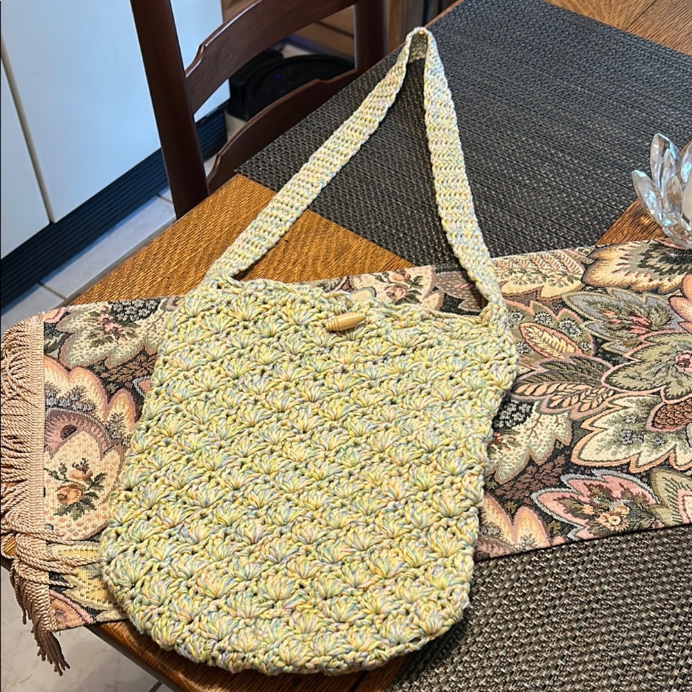 Handcrafted Cross Body Crochet Woven Shoulder Bag - Green Blue Pink and Yellow - Picture 2 of 10